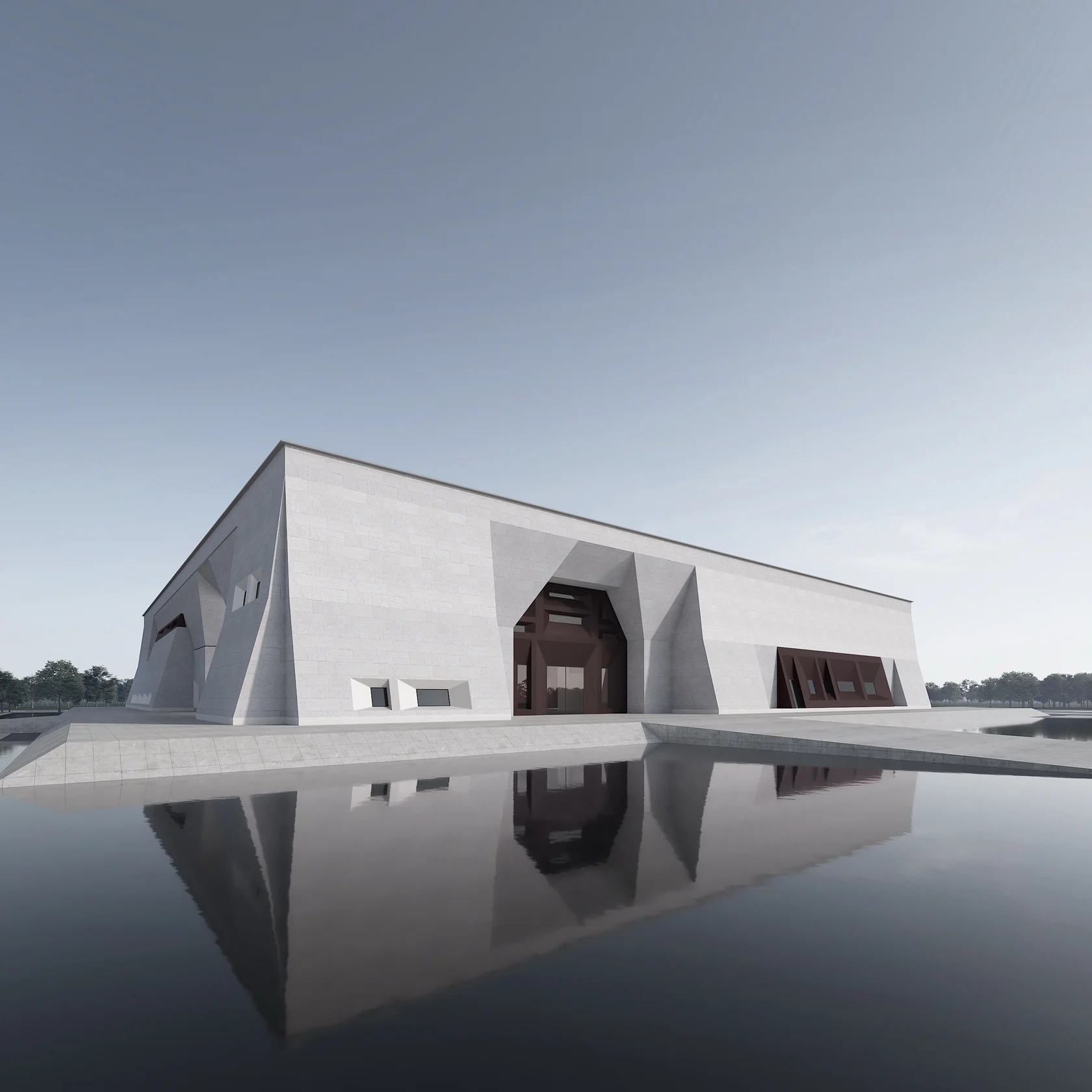 Museum exterior with water reflection.