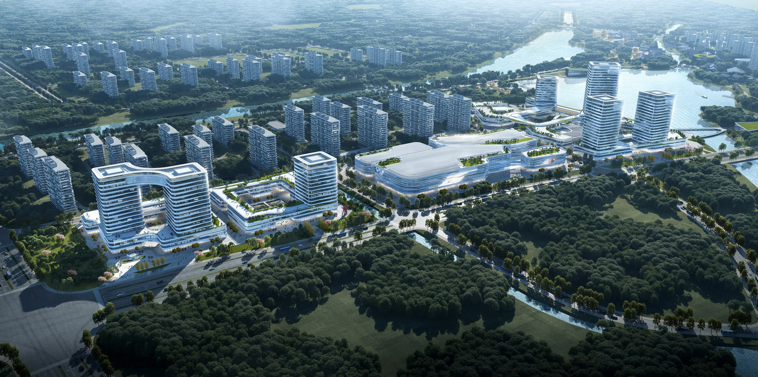 Urban lakefront aerial.